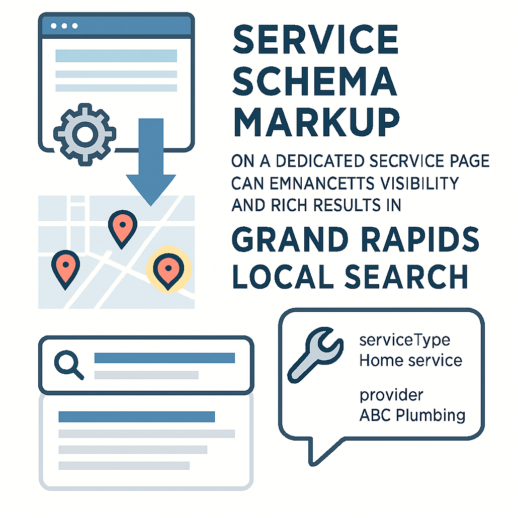An infographic illustrating how `Service` schema markup on a dedicated service page can enhance its visibility and rich results in Grand Rapids local search, detailing properties like serviceType and provider.