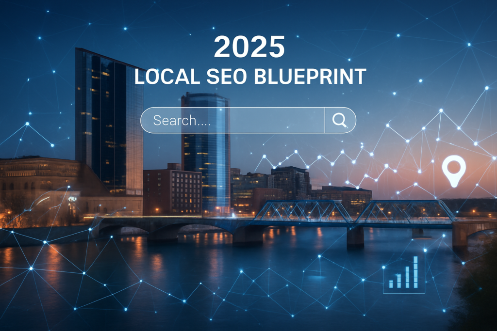 A futuristic depiction of the Grand Rapids, MI skyline overlaid with digital SEO elements like search bars, data points, and network connections, symbolizing a 2025 local SEO blueprint.