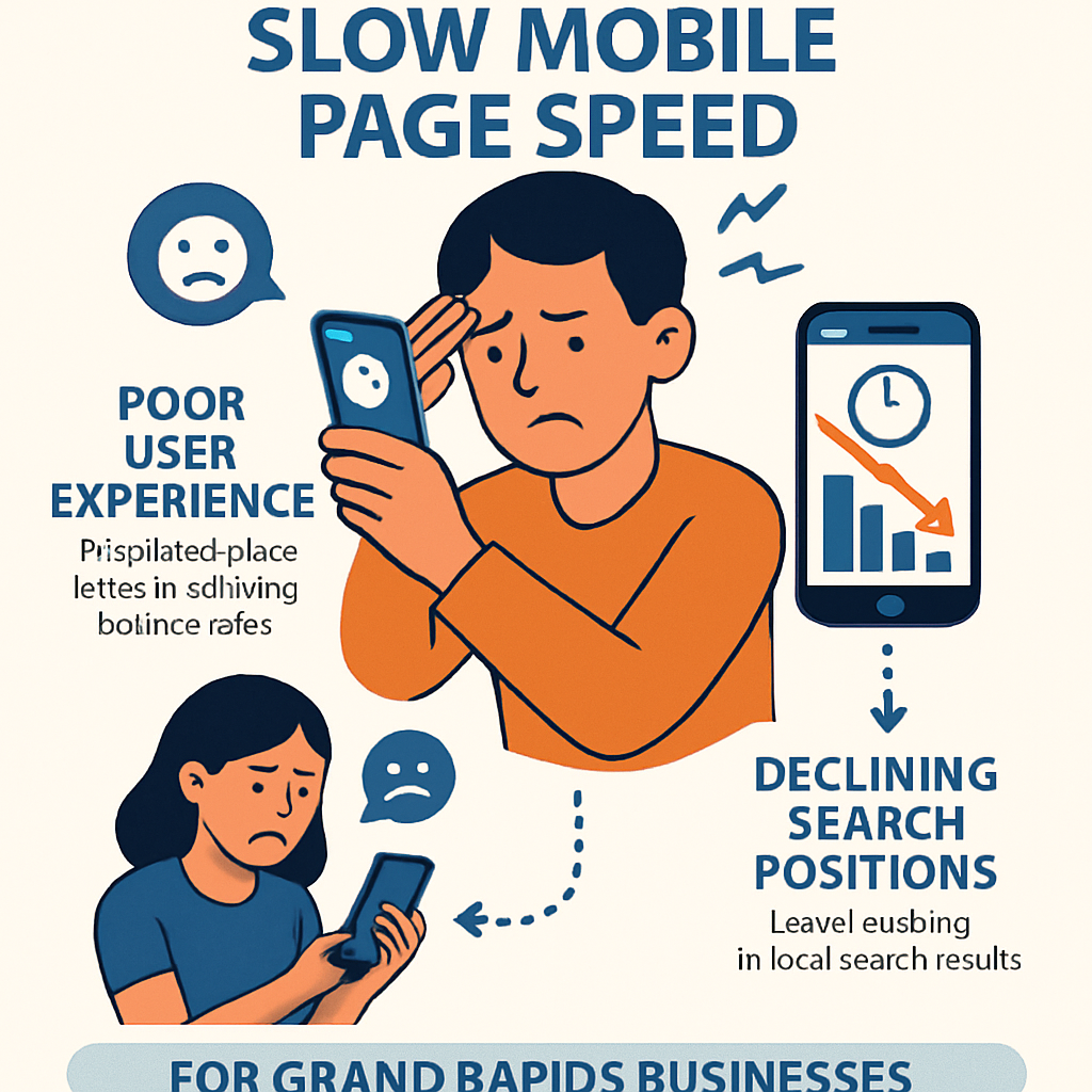 An infographic visually representing the negative consequences of slow mobile page speed on user experience and local SEO rankings for Grand Rapids businesses, showing frustrated users and declining search positions.