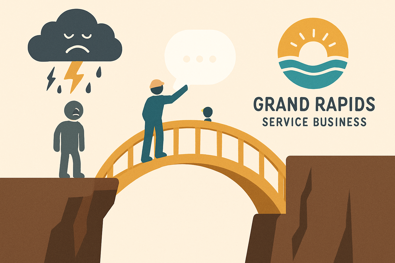A visual metaphor of a bridge being built between a dissatisfied customer (represented by a storm cloud) and a Grand Rapids service business (represented by a sunny logo), symbolizing the restoration of trust through effective communication.