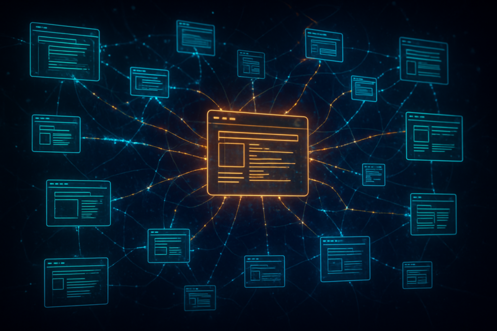 A complex, glowing network of interconnected websites, symbolizing intelligent link building and the flow of algorithmic trust signals in 2025 SEO.