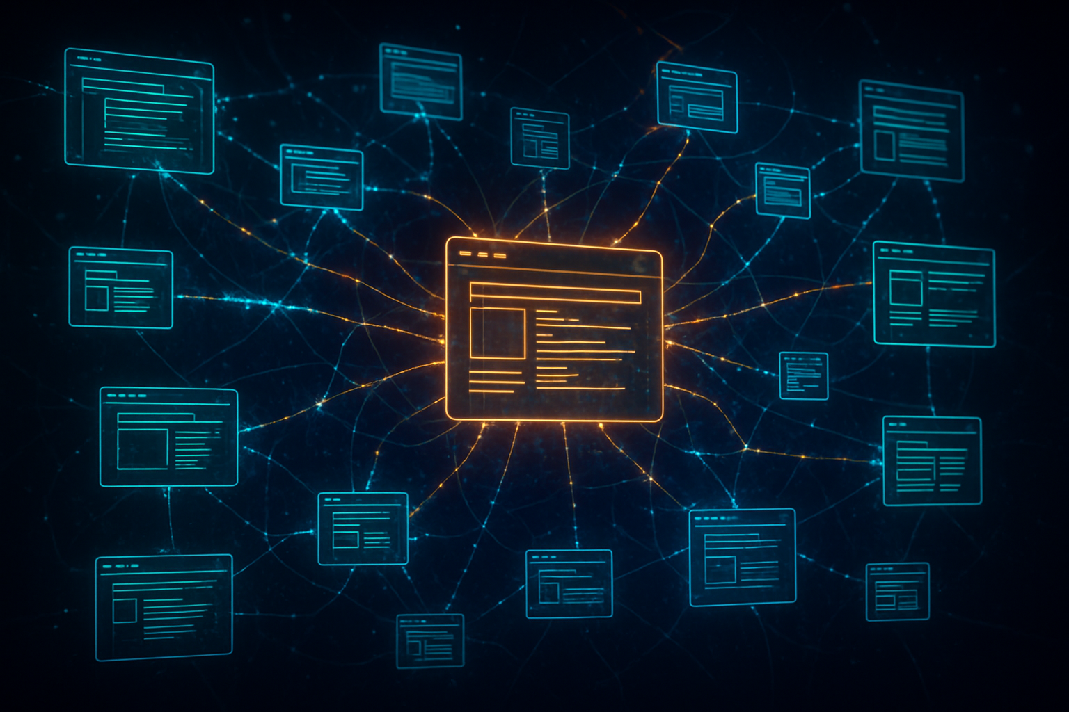 A complex, glowing network of interconnected websites, symbolizing intelligent link building and the flow of algorithmic trust signals in 2025 SEO.