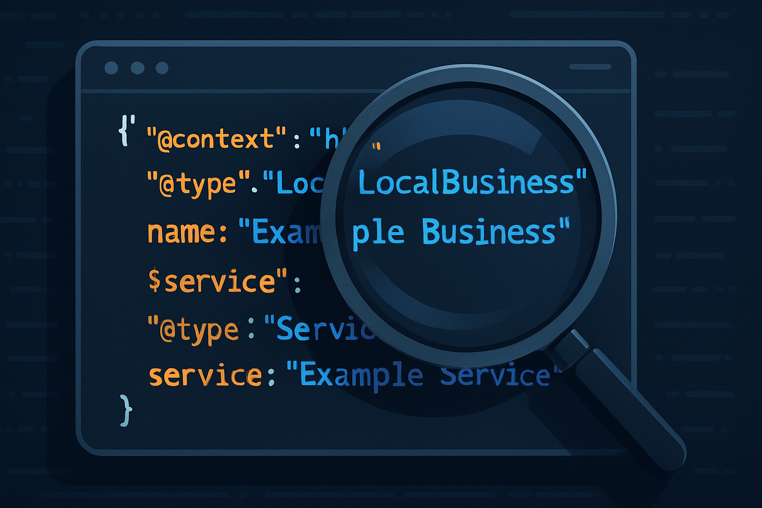 A stylized representation of JSON-LD schema markup code, highlighting LocalBusiness and Service types, symbolizing structured data for entity definition.