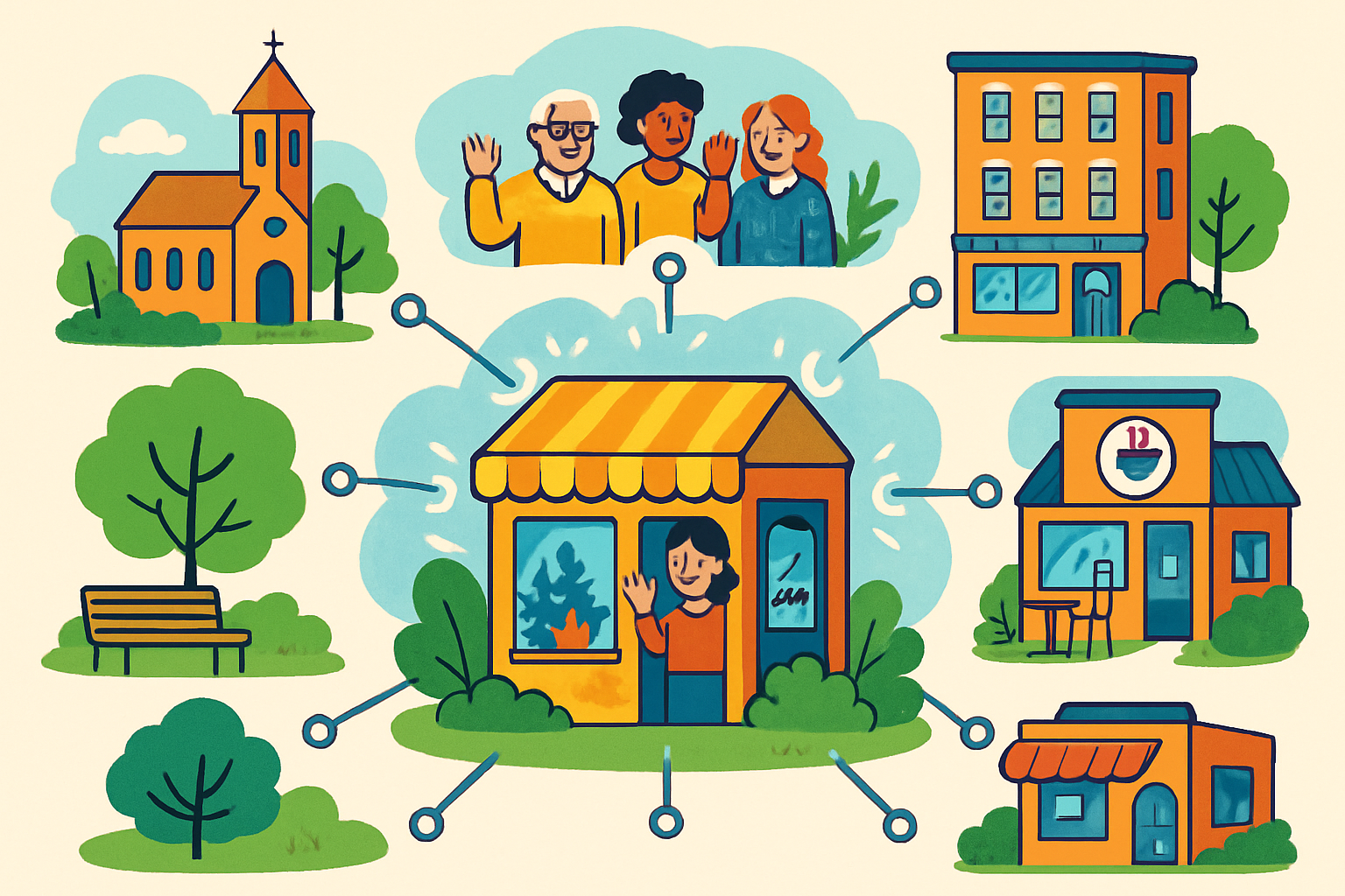 A vibrant image depicting a local business (e.g., a small shop) surrounded by connecting lines to local landmarks, community groups, and other businesses, representing local link magnetism.