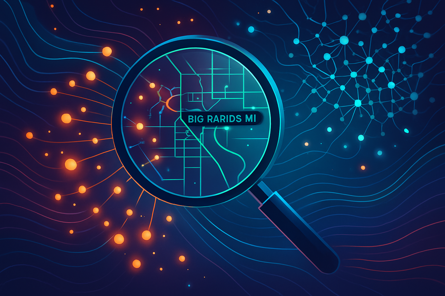 An abstract visualization of predictive AI analyzing data streams to forecast local SEO keyword trends for 2025, showing a magnifying glass over a map of Big Rapids, MI.