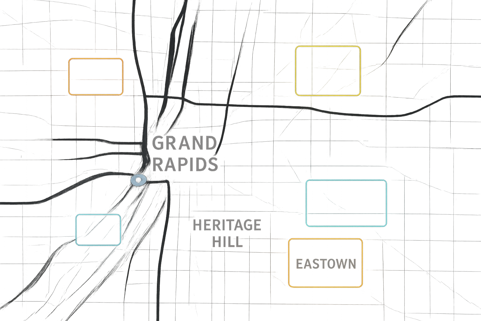 A digital map of Grand Rapids with several small, glowing, color-coded perimeters (geo-fences) around specific neighborhoods like Eastown and Heritage Hill.