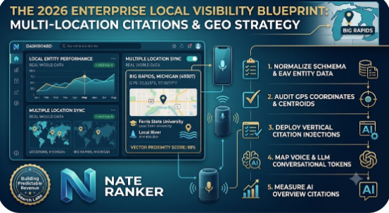 A technical local SEO blueprint titled 'THE 2026 ENTERPRISE LOCAL VISIBILITY BLUEPRINT: MULTI-LOCATION CITATIONS & GEO STRATEGY,' showcasing a five-step local SEO workflow and data dashboard focused on Big Rapids, Michigan optimization, including GPS coordinates for 49307, Ferris State University context, voice search integration (Google Assistant/Alexa), and LLM citation mapping. Designed by Nate Ranker for Building Predictable Revenue Search Labs.